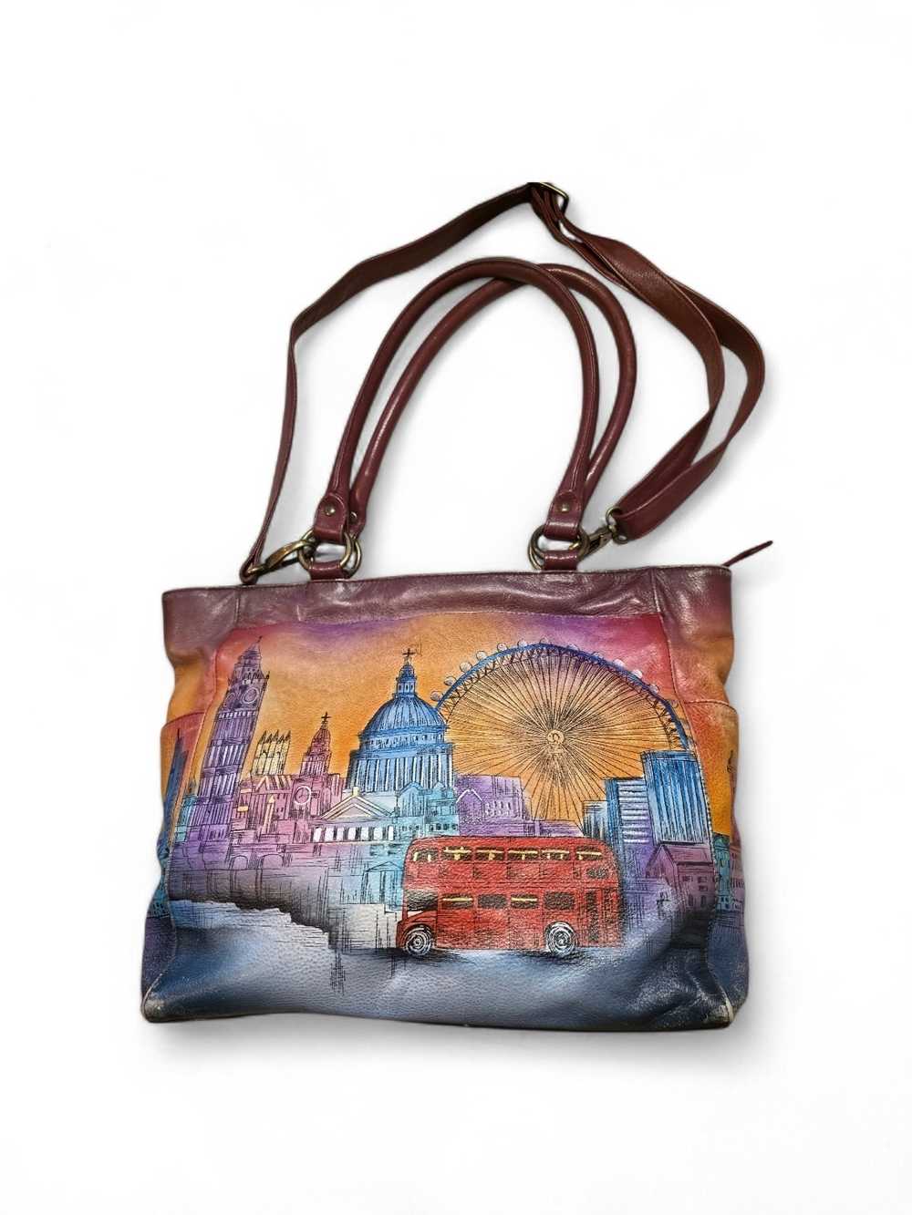 Hand-Painted London Scene Leather Tote Bag - Maroon